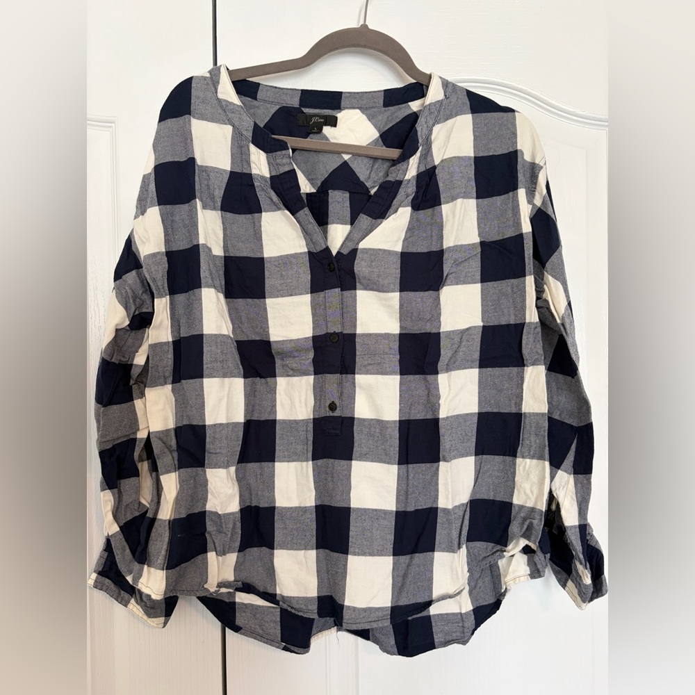 J. Crew Navy and White Buffalo Check Button Henley Blouse